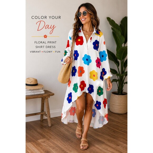 Unbranded Dresses & Skirts - Women's White Colorful Floral Print High-Low Shirt Dress Long Sleeve Collared 2x